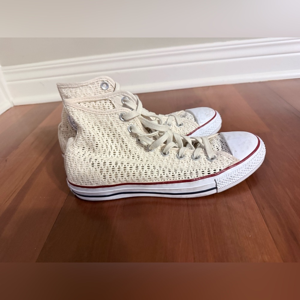 Cream Woven High-Top Converse Sneakers - Picture 3 of 10